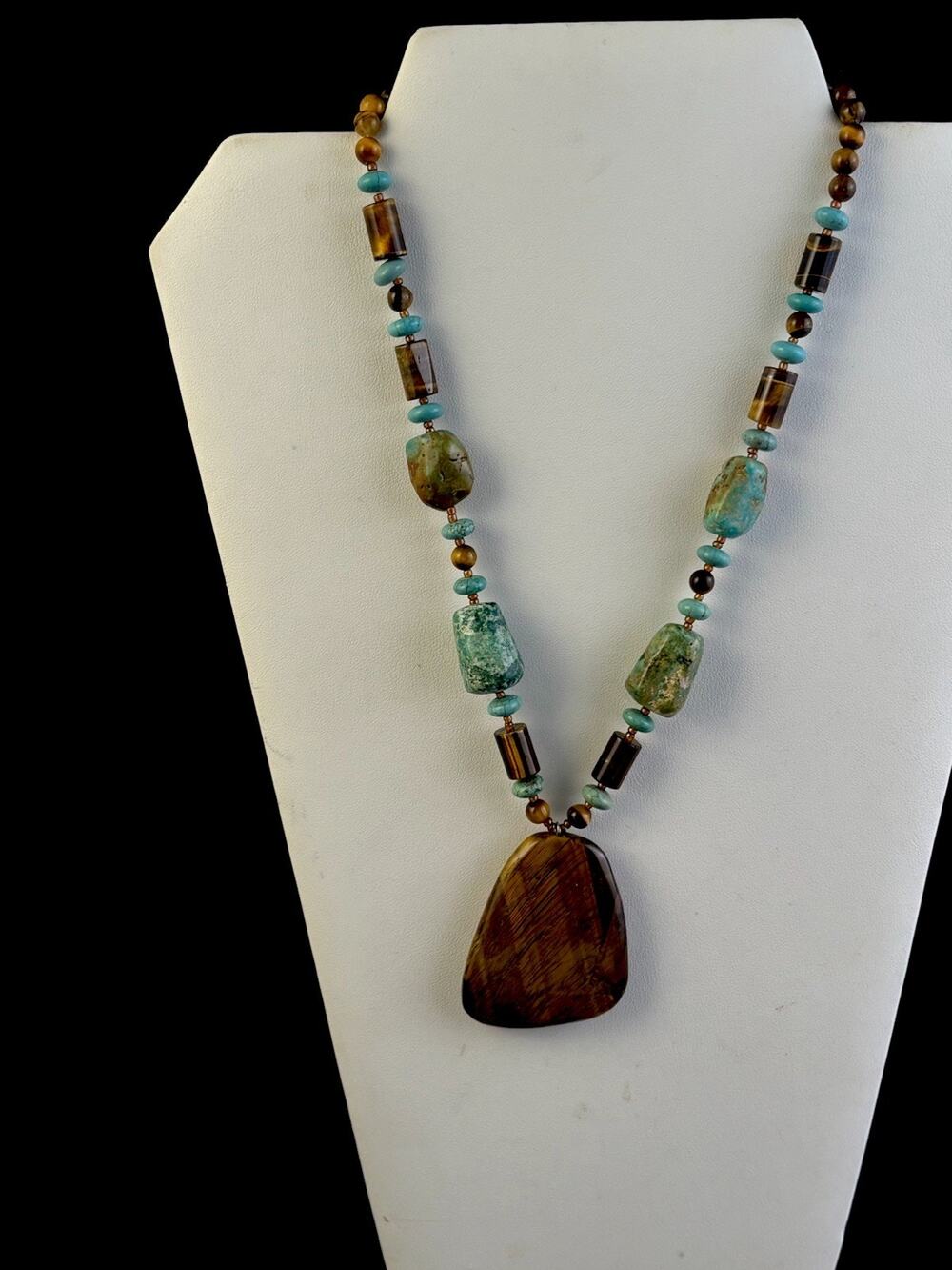 Vintage Huge Faceted Tiger Eye Pendant Turquoise Necklace 18-20" Adjustable